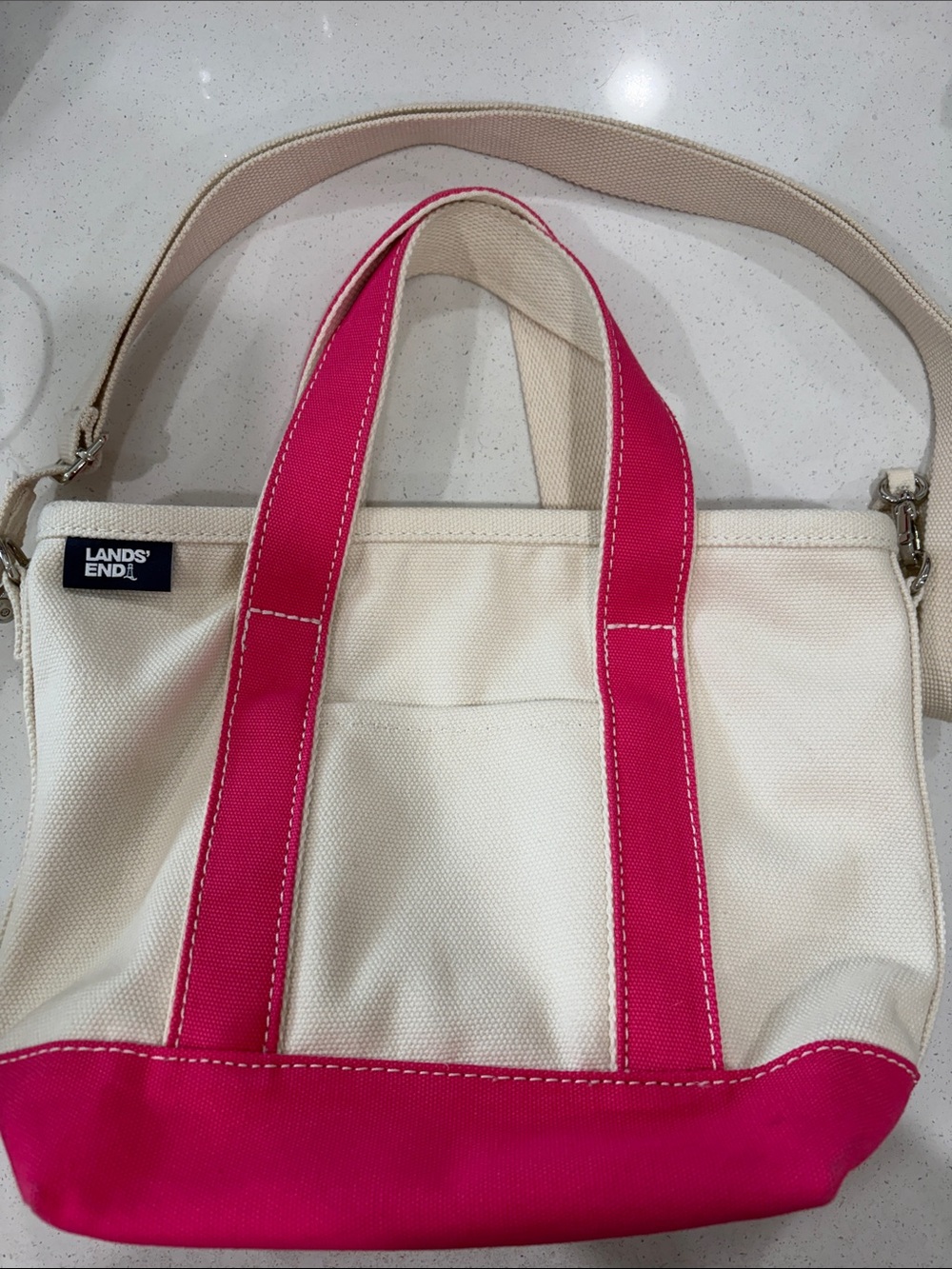 Lands' End Cream Canvas Tote with Pink Accents